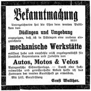 Am 18. Februar 1922 schaltete Ernst Walther sen. ein Inserat zur Bekanntmachung seiner Werkstatt.